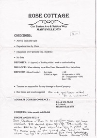 A list of conditions and deposits paid for accommodation at Rose Cottage in Marysville. 