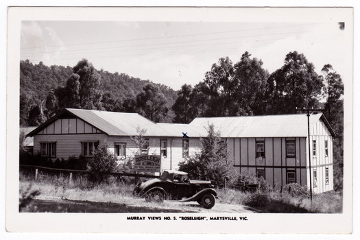 A black and white postcard of Roseleigh Guest House in Marysville that was produced by Murray Views as souvenir of Marysville.