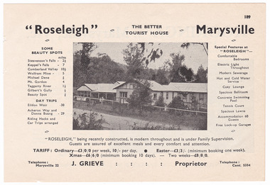 An advertisement for Roseleigh guest house in Marysville which was taken from a Broadbent's accommodation guide.