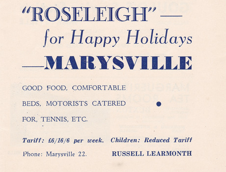 An advertisement for Roseleigh guest house in Marysville.