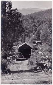 A black and white photograph taken from Roseleigh in Marysville. The photograph was taken in April, 1949 by Roy Liebig.