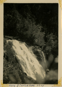 A black and white photograph of Steavenson Falls in Marysville. The photograph was taken in 1954 during a stay at Roseleigh in Marysville.