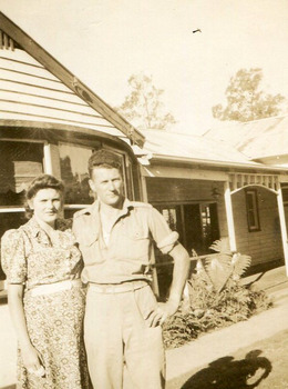 A digital copy of a black and white photograph of Pat and Ewen Cumming during their stay at Roseleigh in Marysville. The original photograph was taken in 1945.