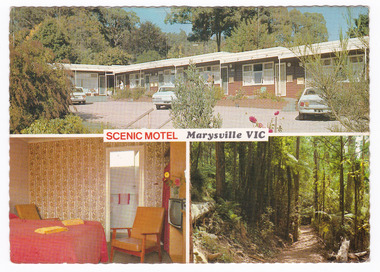 A colour postcard of the Scenic Motel in Marysville. The postcard was produced by Bellevue Color View Australia as a souvenir of Marysville. On the reverse of the postcard is a space to write a message and an address and to place a postage stamp. The postcard is unused.