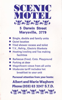 An information flyer regarding the Scenic Motel in Marysville.