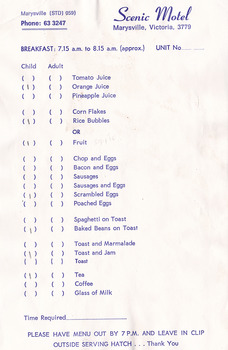 A breakfast menu from the Scenic Motel in Marysville.