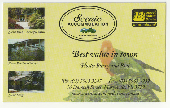 A business card from Scenic Accommodation in Marysville.