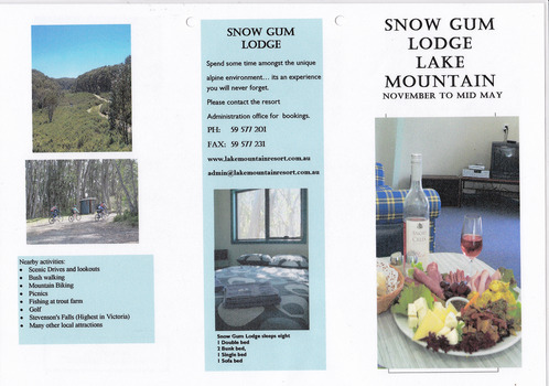 An information brochure regarding accommodation at Snow Gum Lodge at Lake Mountain.