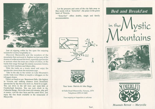 An information brochure regarding accommodation and facilities at Somerled Mountain Retreat in Marysville.