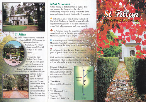 An information brochure regarding the accommodation and facilities available at St Fillan Bed and Breakfast Cottages in Narbethong.