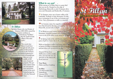 An information brochure regarding the accommodation and facilities available at St Fillan Bed and Breakfast Cottages in Narbethong.