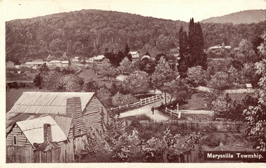 A digital copy of a black and white postcard of the view of the Marysville township taken from the Steavenson Hotel.