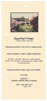 An information flyer regarding the accommodation and facilities available at Sugarloaf Cottage in Marysville.