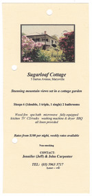 An information flyer regarding the accommodation and facilities available at Sugarloaf Cottage in Marysville.