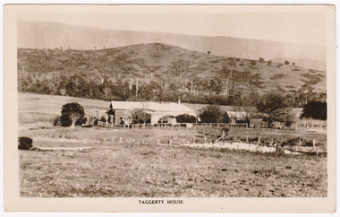 A black and white postcard of Taggerty House near Taggerty in Victoria. The Batchelor Family owned and operated Taggerty House. This postcard was produced by the Rose Stereograph Company as a souvenir of Marysville.