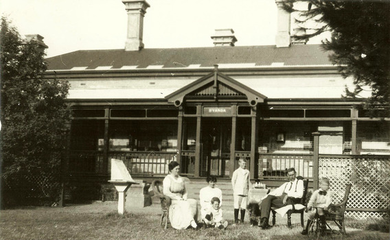 A digital copy of a black and white photograph of members of the Batchelor Family who owned and operated Taggerty House near Taggerty in Victoria.