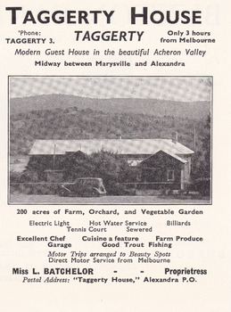 An advertisement for accommodation at Taggerty House near Taggerty in Victoria.