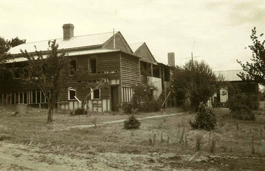 A digital copy of a black and white photograph of Taggerty House near Taggerty in Victoria. The Batchelor Family owned and operated Taggerty House.
