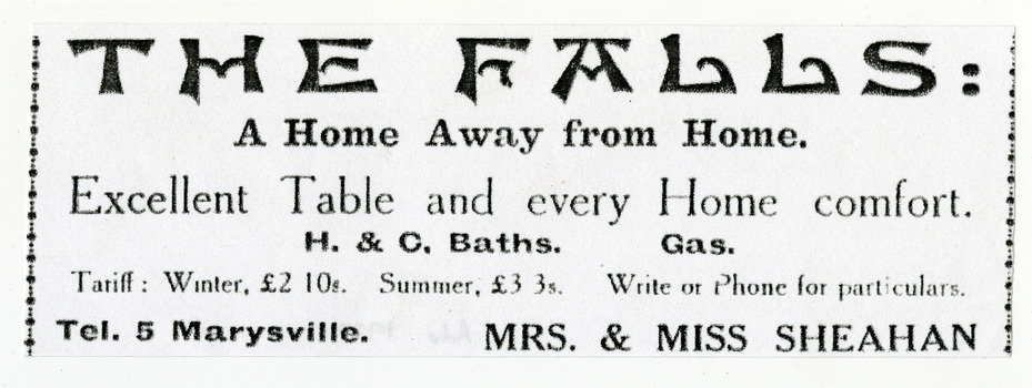 An advertisement for The Falls guest house in Marysville.