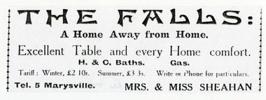 An advertisement for The Falls guest house in Marysville.
