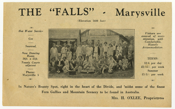 An advertisement for The Falls guest house in Marysville which was taken from a Broadbent's accommodation guide.