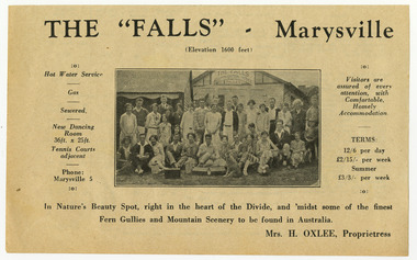 An advertisement for The Falls guest house in Marysville which was taken from a Broadbent's accommodation guide.