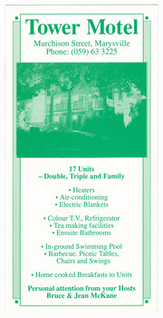 An information flyer regarding the accommodation and facilities at the Tower Motel in Marysville.