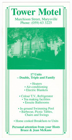 An information flyer regarding the accommodation and facilities at the Tower Motel in Marysville.