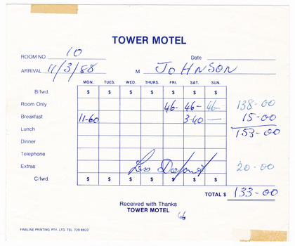 A receipt for payment for accommodation and breakfast at the Tower Motel in Marysville. The receipt dates from 11th March, 1988.