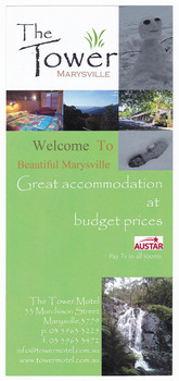 An information flyer regarding the accommodation and facilities available at The Tower Motel in Marysville.