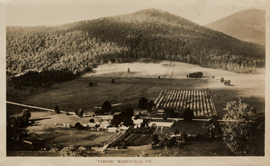 A digital copy of a black and white postcard of Tyrone Farm near Buxton.