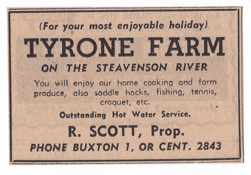 A newspaper advertisement for accommodation and facilities at Tyrone Farm near Buxton.