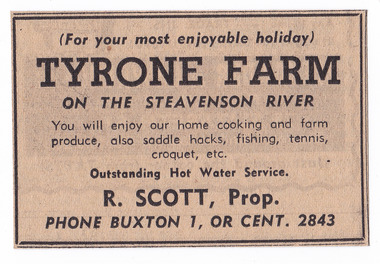 A newspaper advertisement for accommodation and facilities at Tyrone Farm near Buxton.