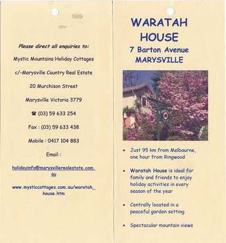 An information brochure regarding the accommodation and facilities available at Waratah House in Marysville.