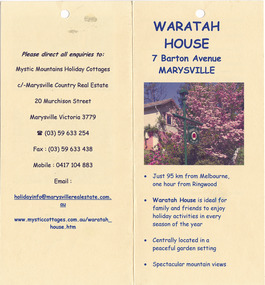 An information brochure regarding the accommodation and facilities available at Waratah House in Marysville.