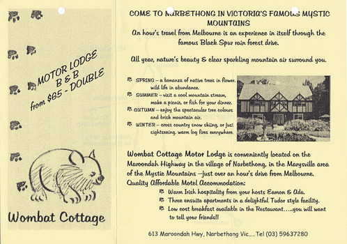 An information brochure regarding the accommodation and facillities available at Wombat Cottage in Narbethong.