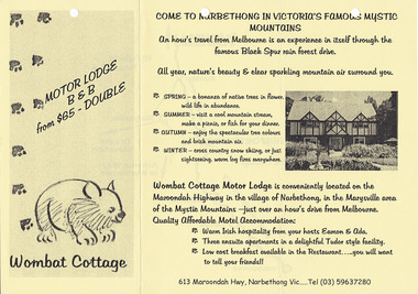 An information brochure regarding the accommodation and facillities available at Wombat Cottage in Narbethong.