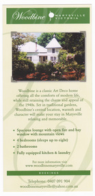 An information flyer regarding the accommodation and facilities available at Woodbine in Marysville.