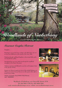 An information flyer regarding the accommodation and facilities available at Woodlands of Narbethong.