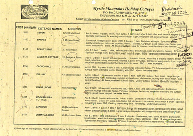 A listing of accommodation and facilities available at various accommodation cottages in Marysville. The listing was published by Mystic Mountains Holiday Cottages.