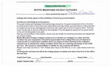A receipt for keys received by a guest staying at Snow Views cottage in Marysville. Snow Views cottage was managed by Mystic Mountains Holiday Cottages in Marysville.