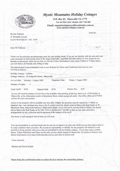 A letter confirming the booking of accommodation at Callista Cottage in Marysville. Callista Cottage was managed by Mystic Mountains Holiday Cottages.