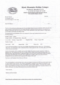 A letter confirming the booking of accommodation at Callista Cottage in Marysville. Callista Cottage was managed by Mystic Mountains Holiday Cottages.