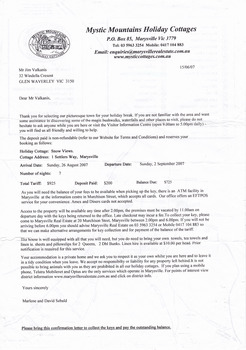 A letter confirming the booking of accommodation at Callista Cottage in Marysville. Callista Cottage was managed by Mystic Mountains Holiday Cottages.