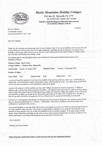 A letter confirming the booking of accommodation at Callista Cottage in Marysville. Callista Cottage was managed by Mystic Mountains Holiday Cottages.