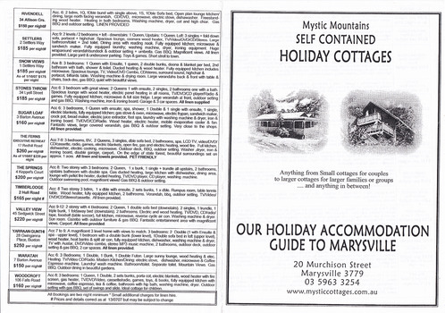 An information brochure regarding the accommodation and facilities that were available through Mystic Mountains Holiday Cottages in Marysville.