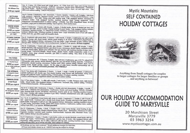 An information brochure regarding the accommodation and facilities that were available through Mystic Mountains Holiday Cottages in Marysville.