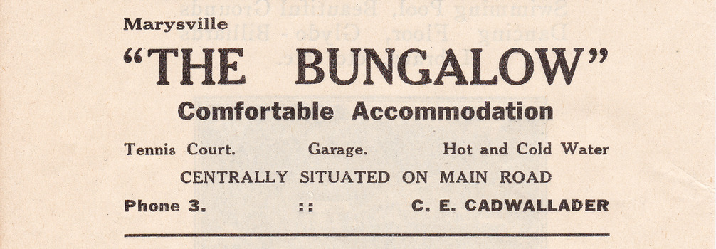 A digital copy of an advertisement for accommodation at The Bungalow in Marysville.