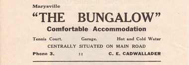 A digital copy of an advertisement for accommodation at The Bungalow in Marysville.