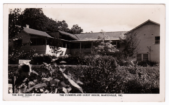 A black and white postcard of The Cumberland Guest House in Marysville. The postcard was produced by the Rose Stereograph Co. as a souvenir of Marysville. On the reverse of the postcard is a space to write a message and an address and to place a postage stamp. The postcard is unused.